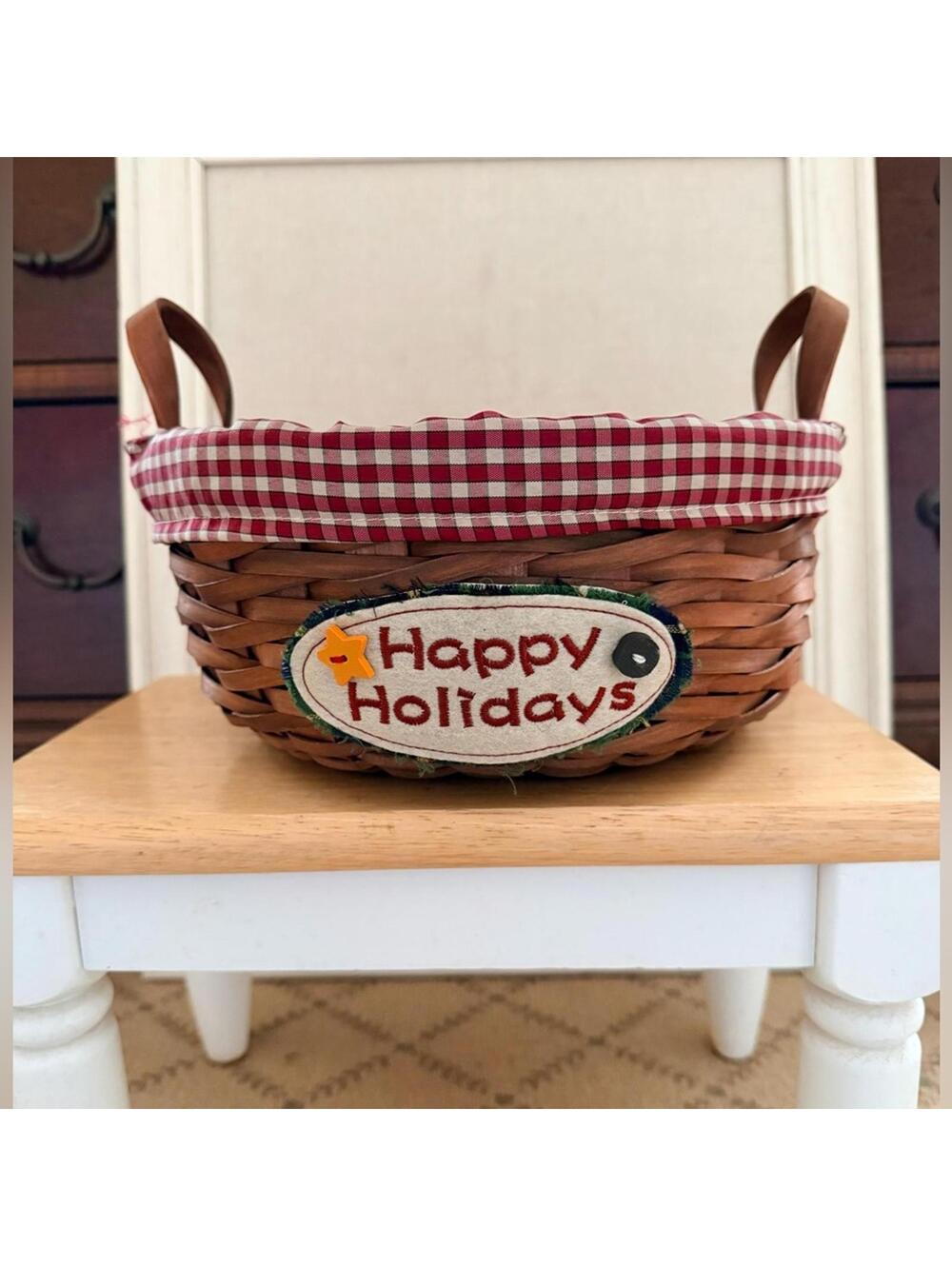 Vintage Country charm Christmas holiday basket with a red gingham fabric liner.